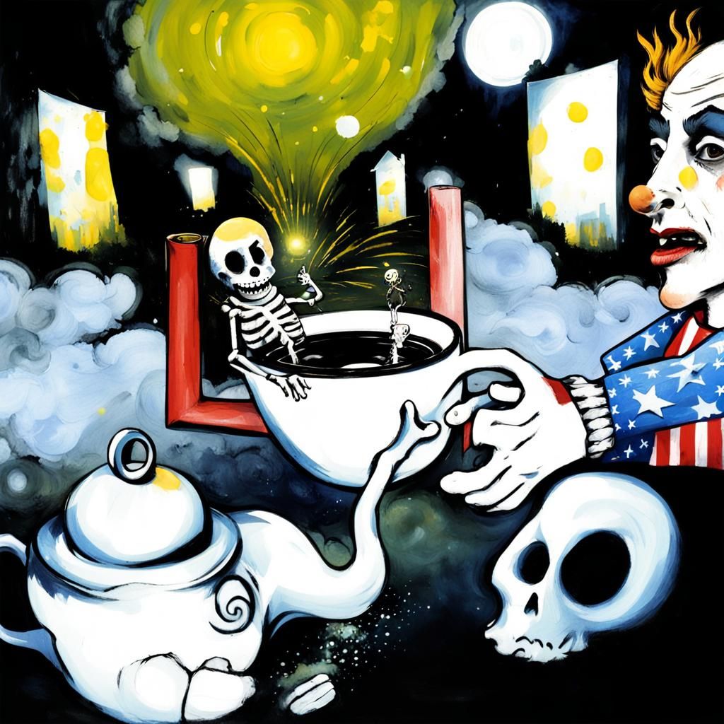 Surreal Celebrity in Ruined House with Teacup