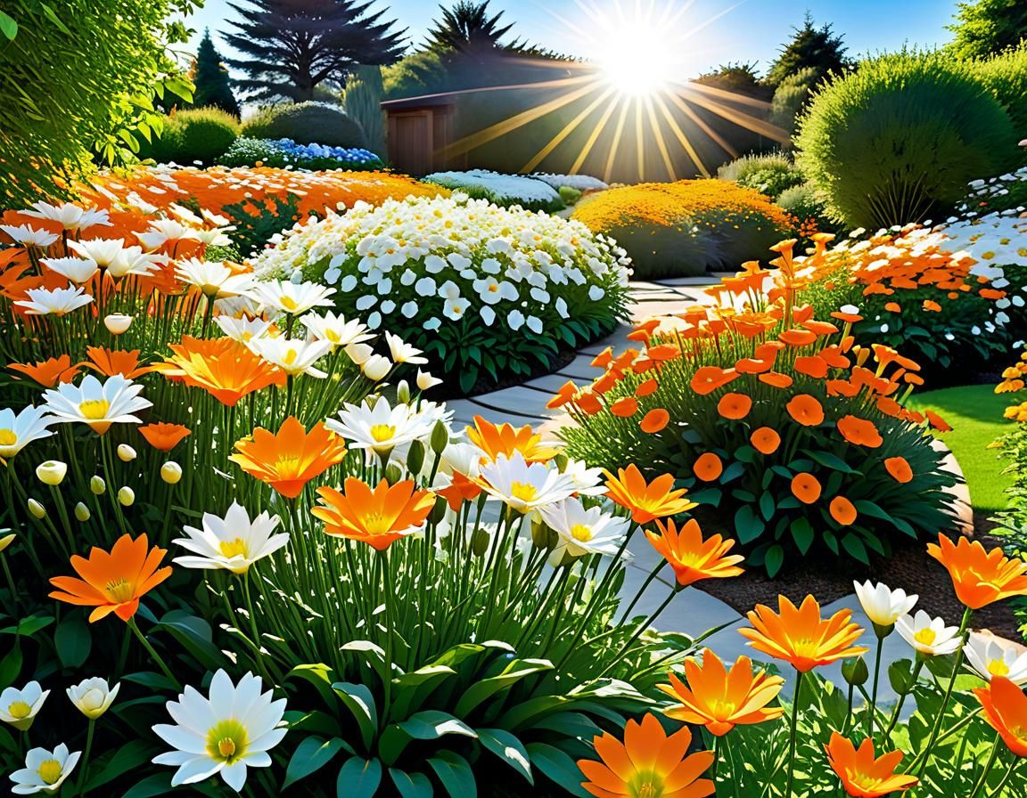 Orange and White Flowers Bloom in Expansive Garden