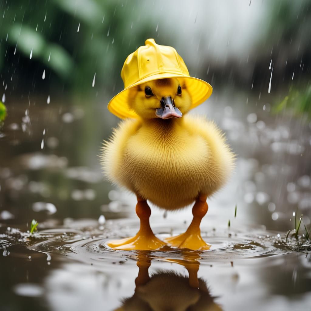 Cute Duckling in Rain with Yellow Hat