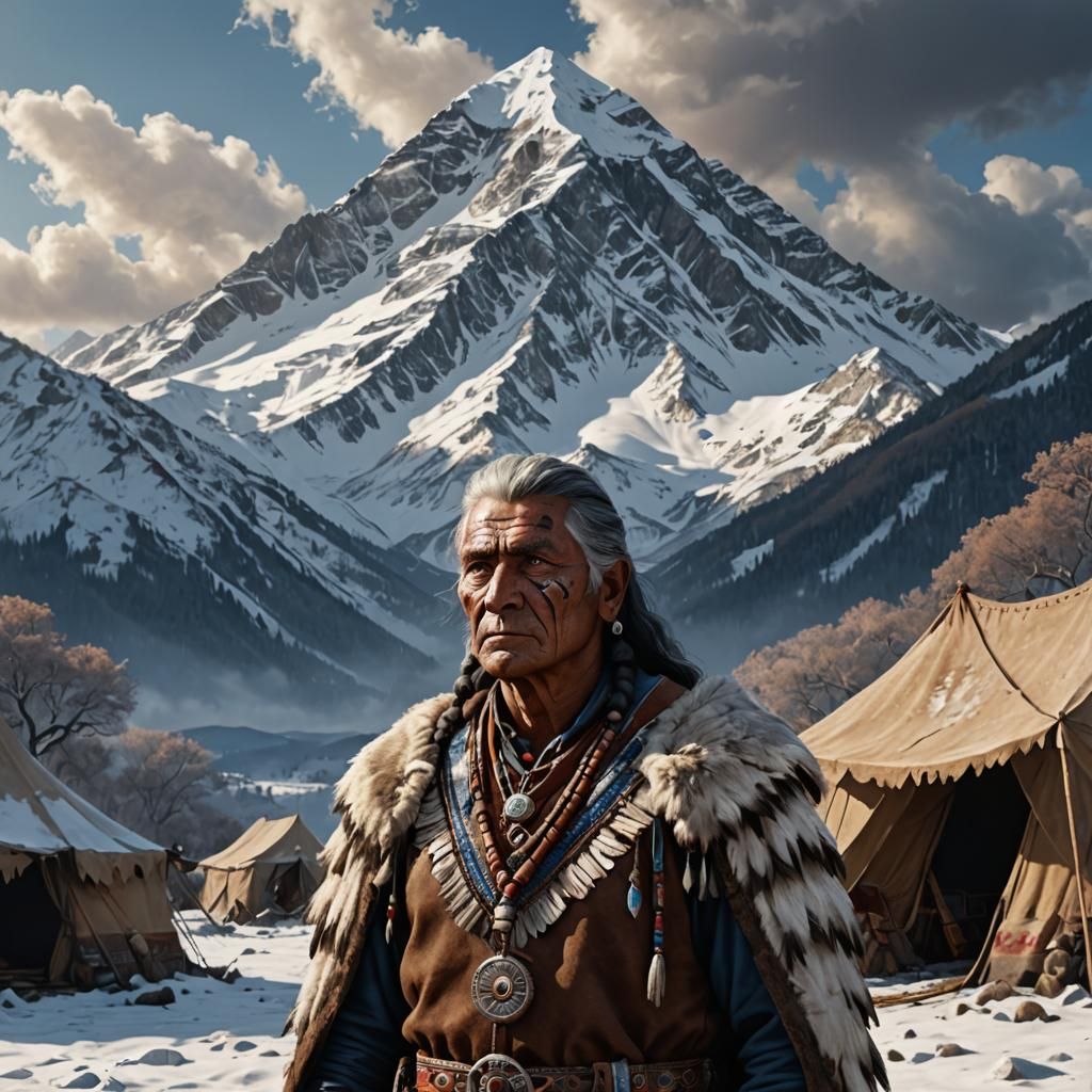 Cherokee Portrait with Snow Mountains, Hyperrealistic Matte ...