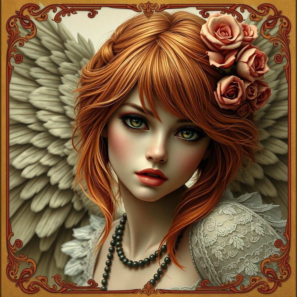 Punky Auburn Angel with Art Nouveau Border