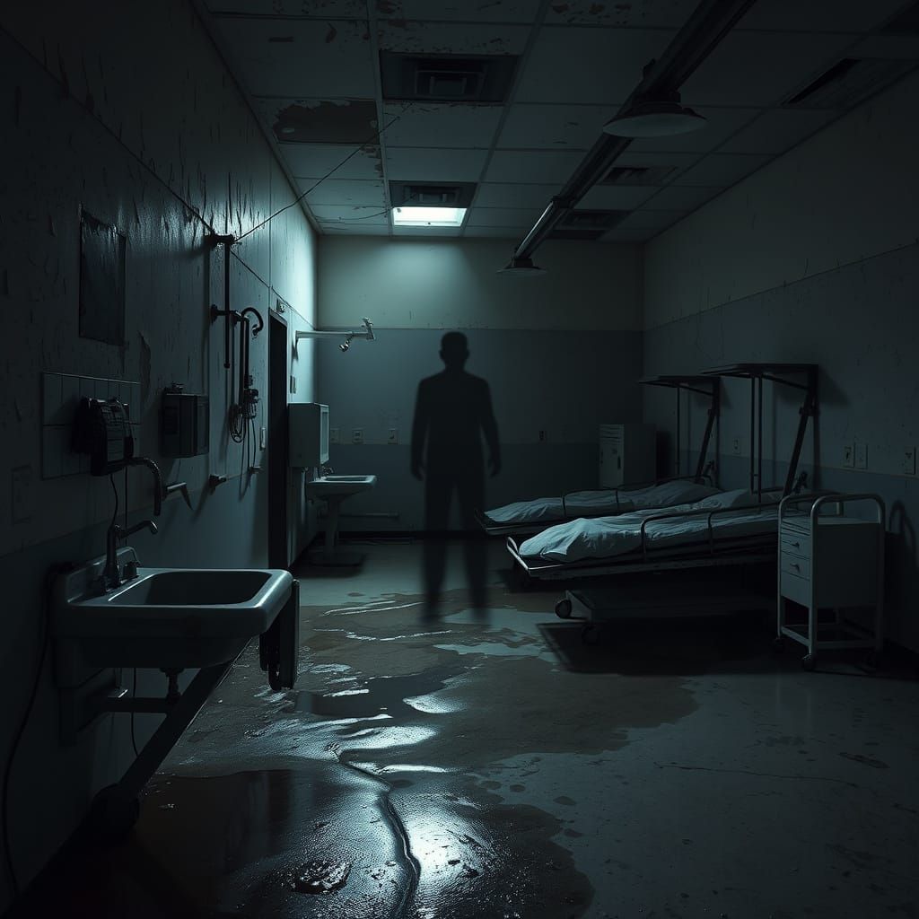 Eerie Shadow in Abandoned Hospital: Gritty Realism
