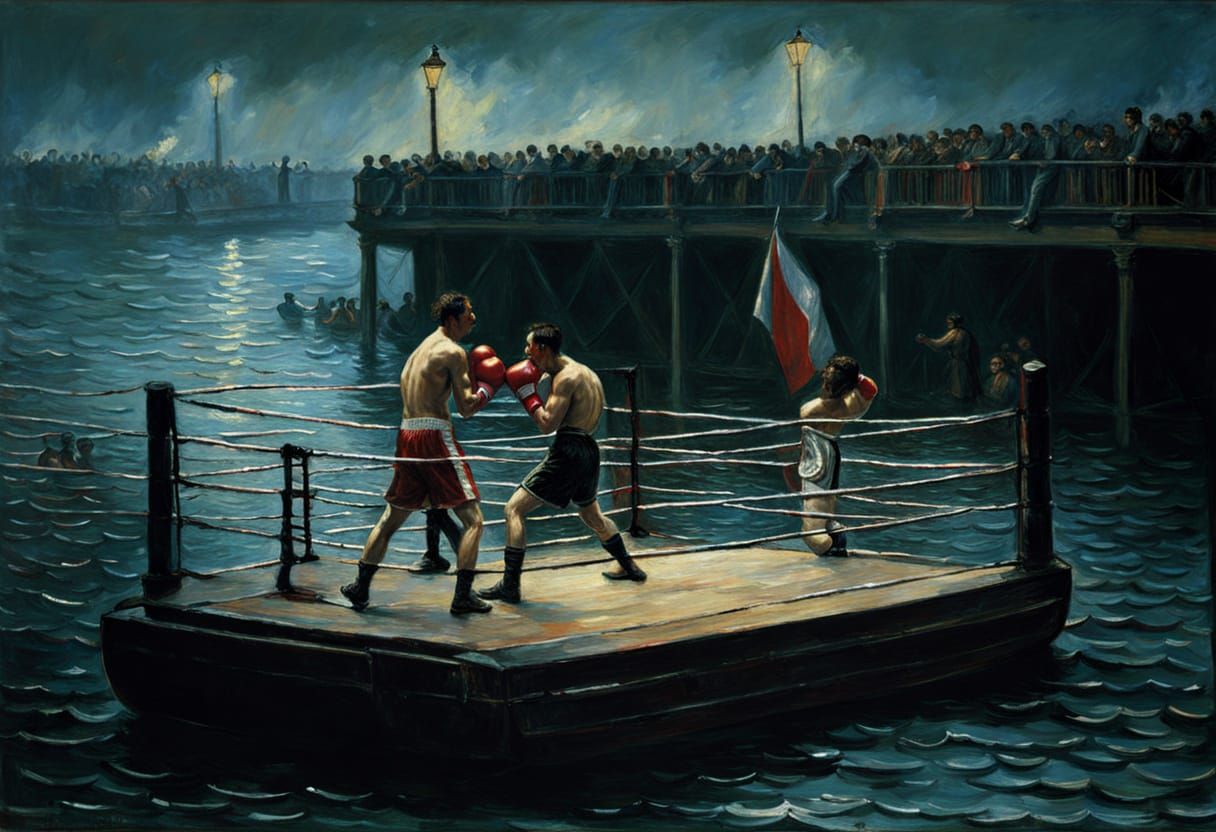 1884 Boxing Match on Barge, Oil Painting