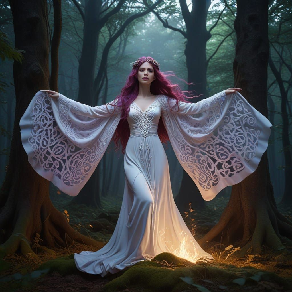 Mystical Celtic Forest Ritual in Vibrant Purple and Yellow H...