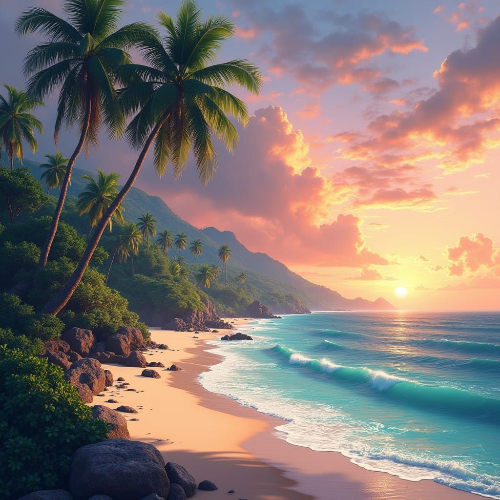 Surreal Oceanic Scene with Sandy Beach and Majestic Palm Tre...