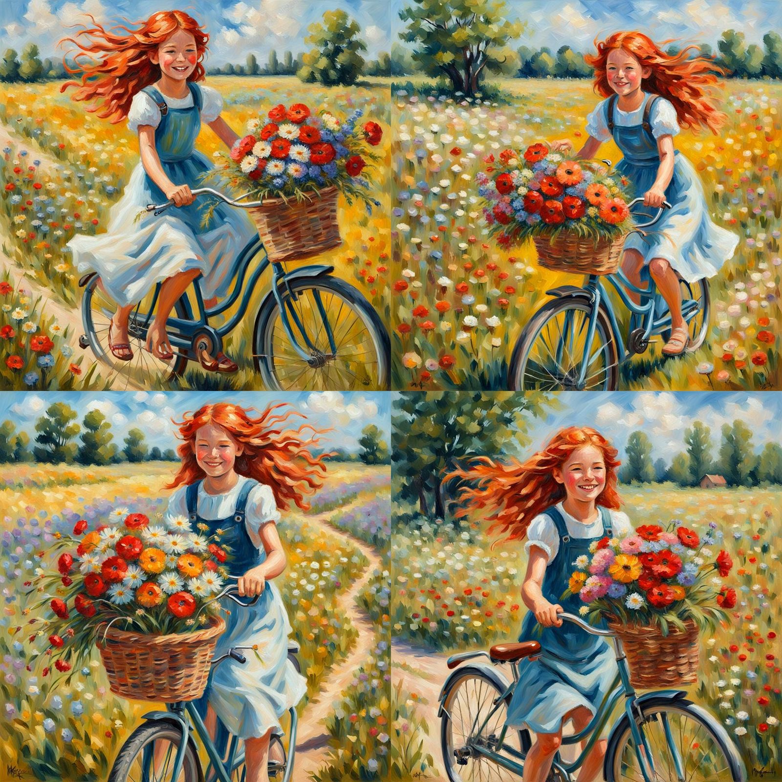 Girl with Bicycle in Sunny Impressionist Meadow