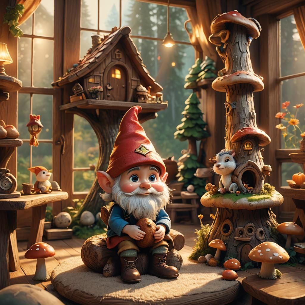 Cute Gnome Child in Cozy Room, Pixar Style