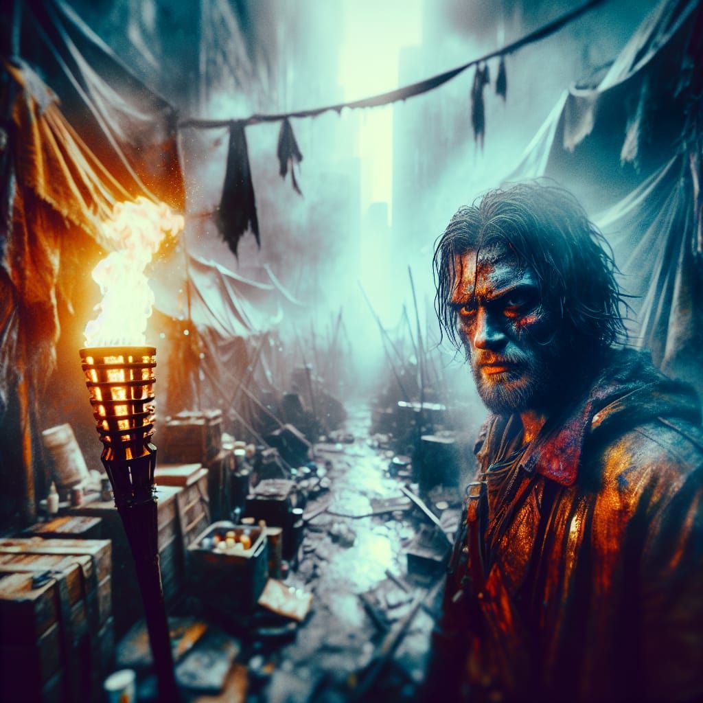 Dystopian Campsite Torchbearer in Analog Photo Style