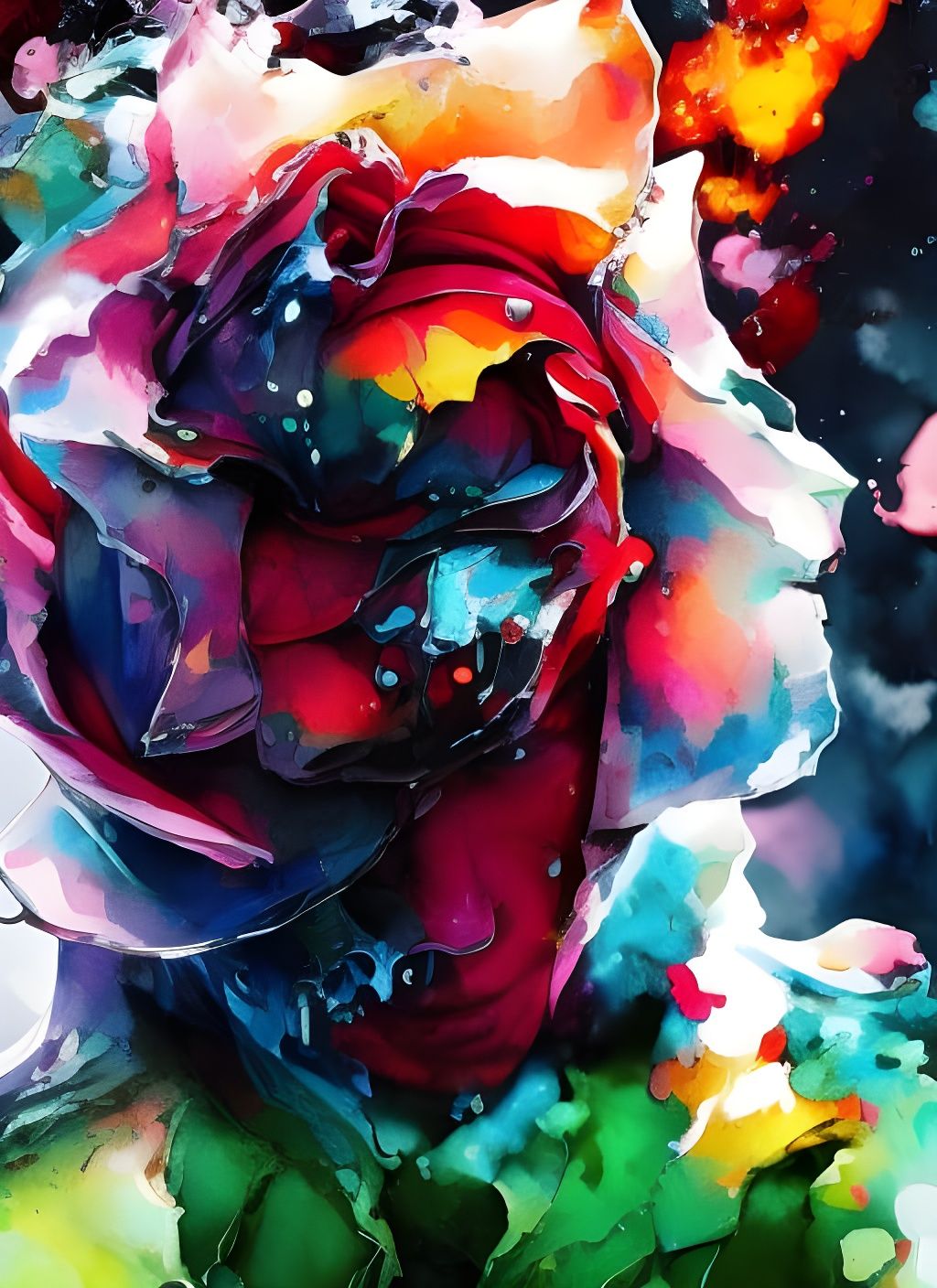 Burning Rose Watercolor with Ink Drips