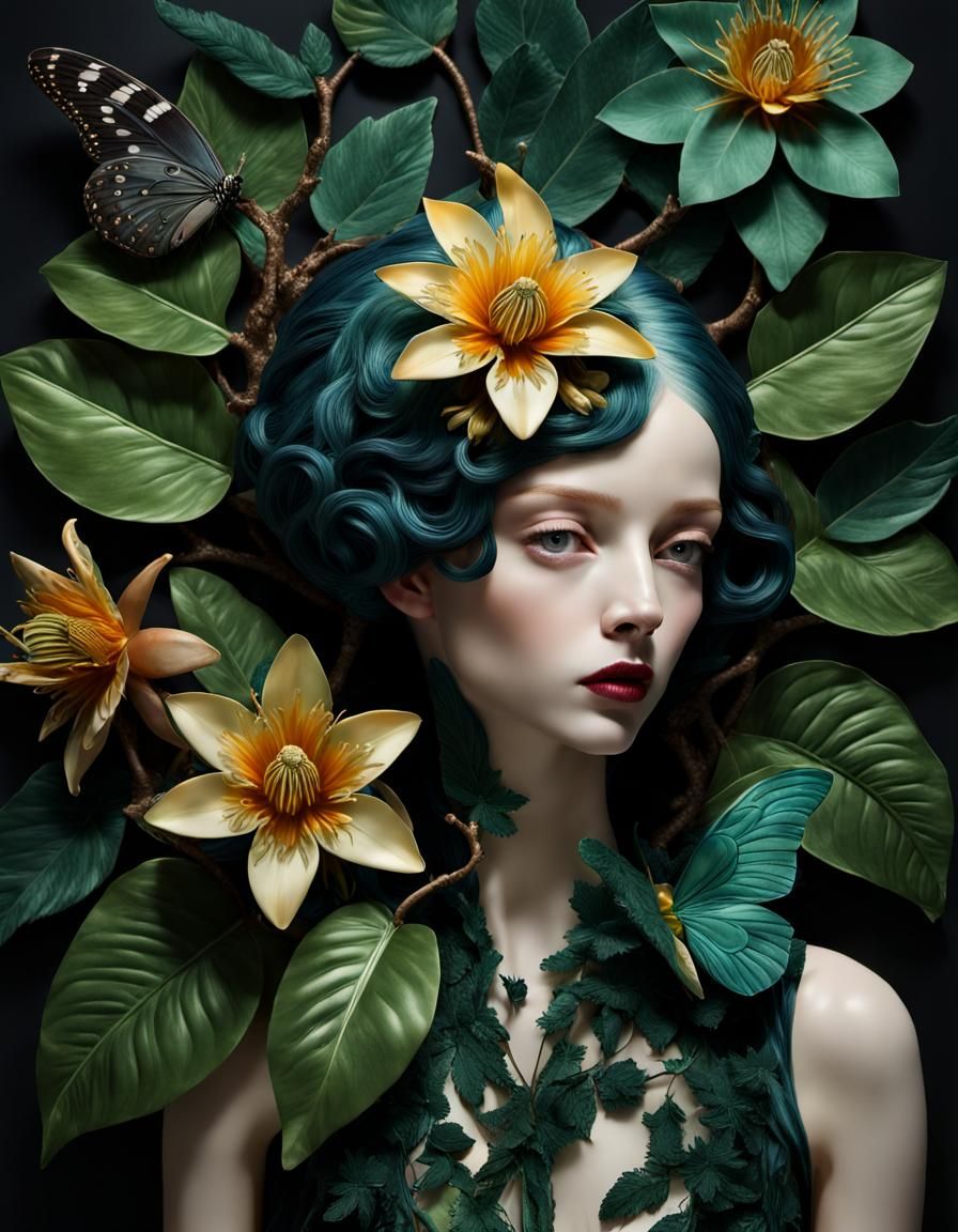 Dark Passion Flower Semisculpture Collage Diorama