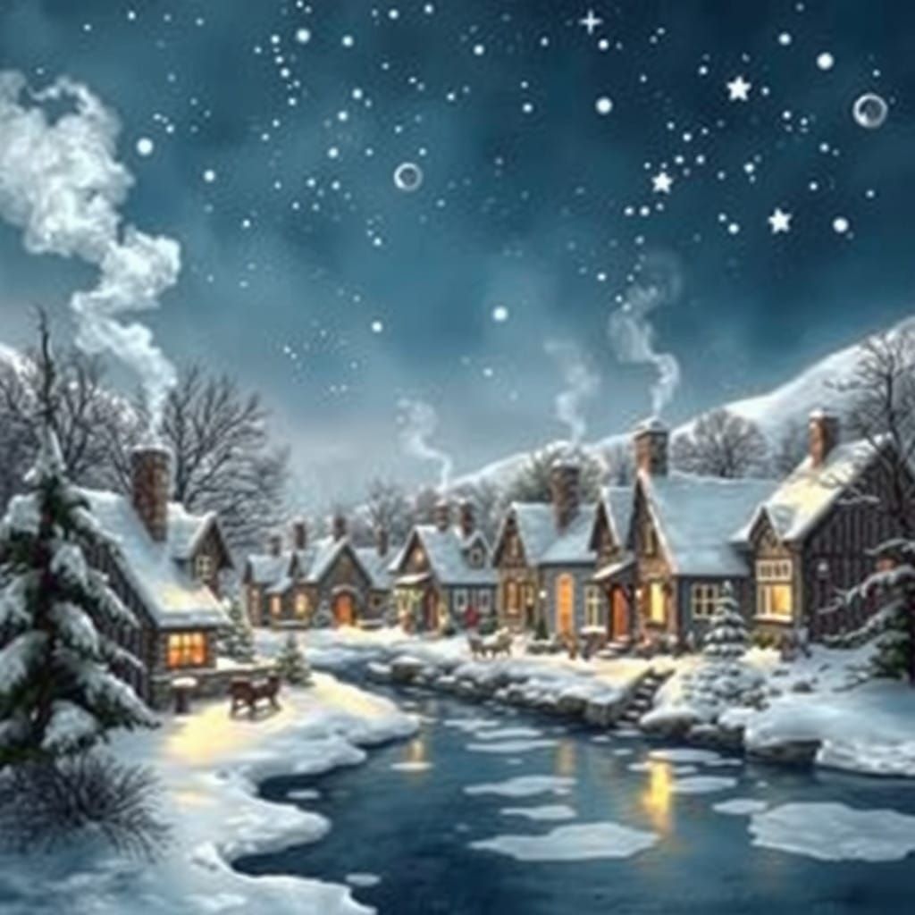 Winter Wonderland Village under Starry Night Sky