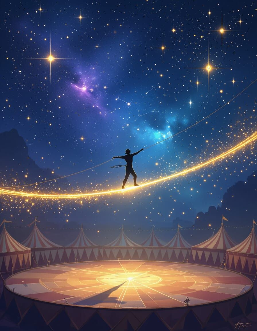 Surreal Tightrope Walker Amidst Constellations