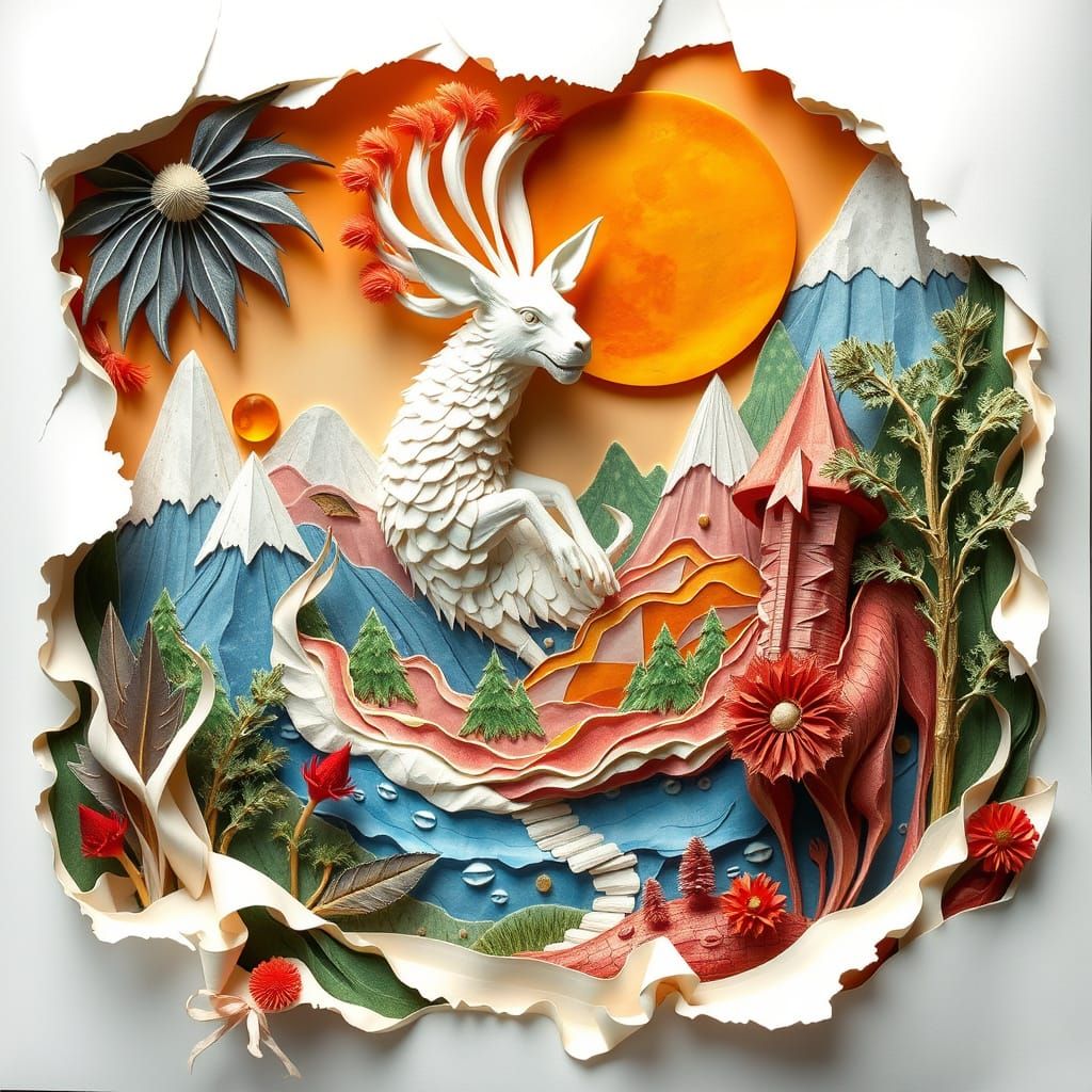 Detailed Paper Sculpture of Fantasy Creatures and Landscapes
