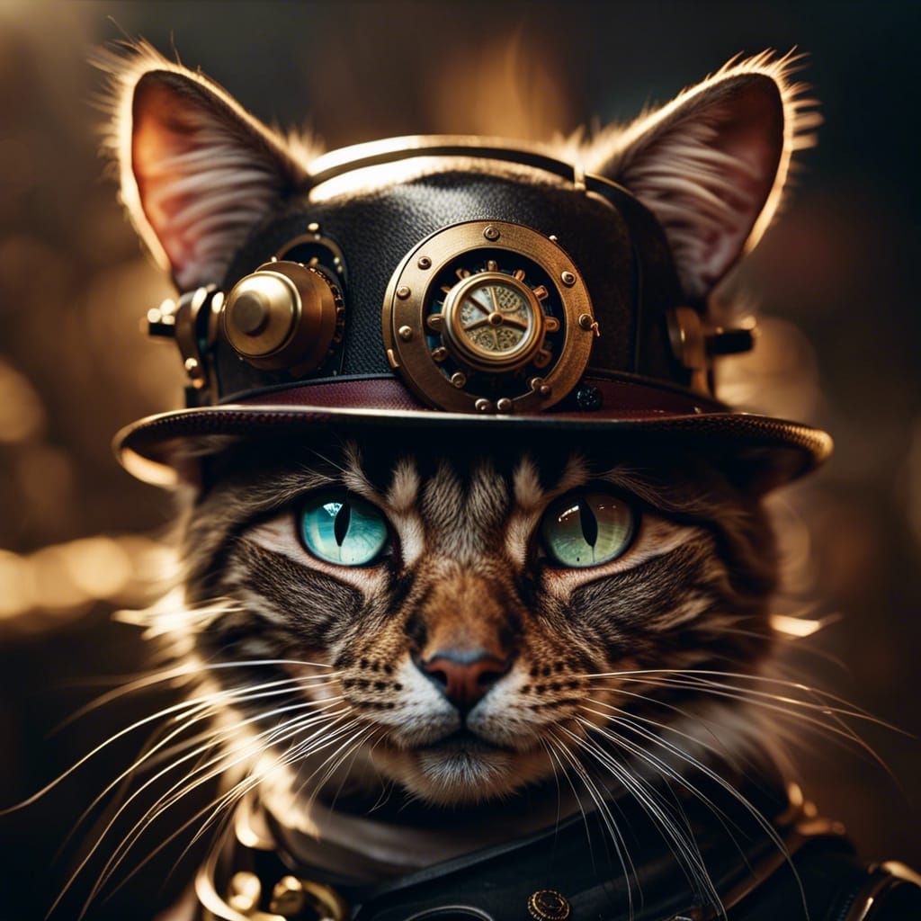 Detailed Steampunk Cat Portrait in Color Photography
