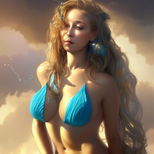 Beautiful Mermaid Goddess Portrait in Art Nouveau Style