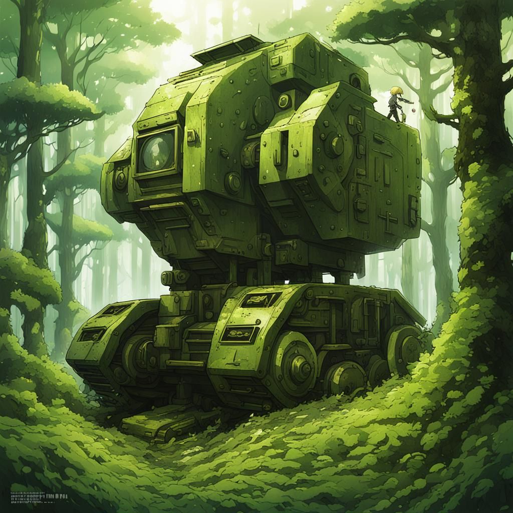 Bronze Titan Machine in Overgrown Forest, Anime Style