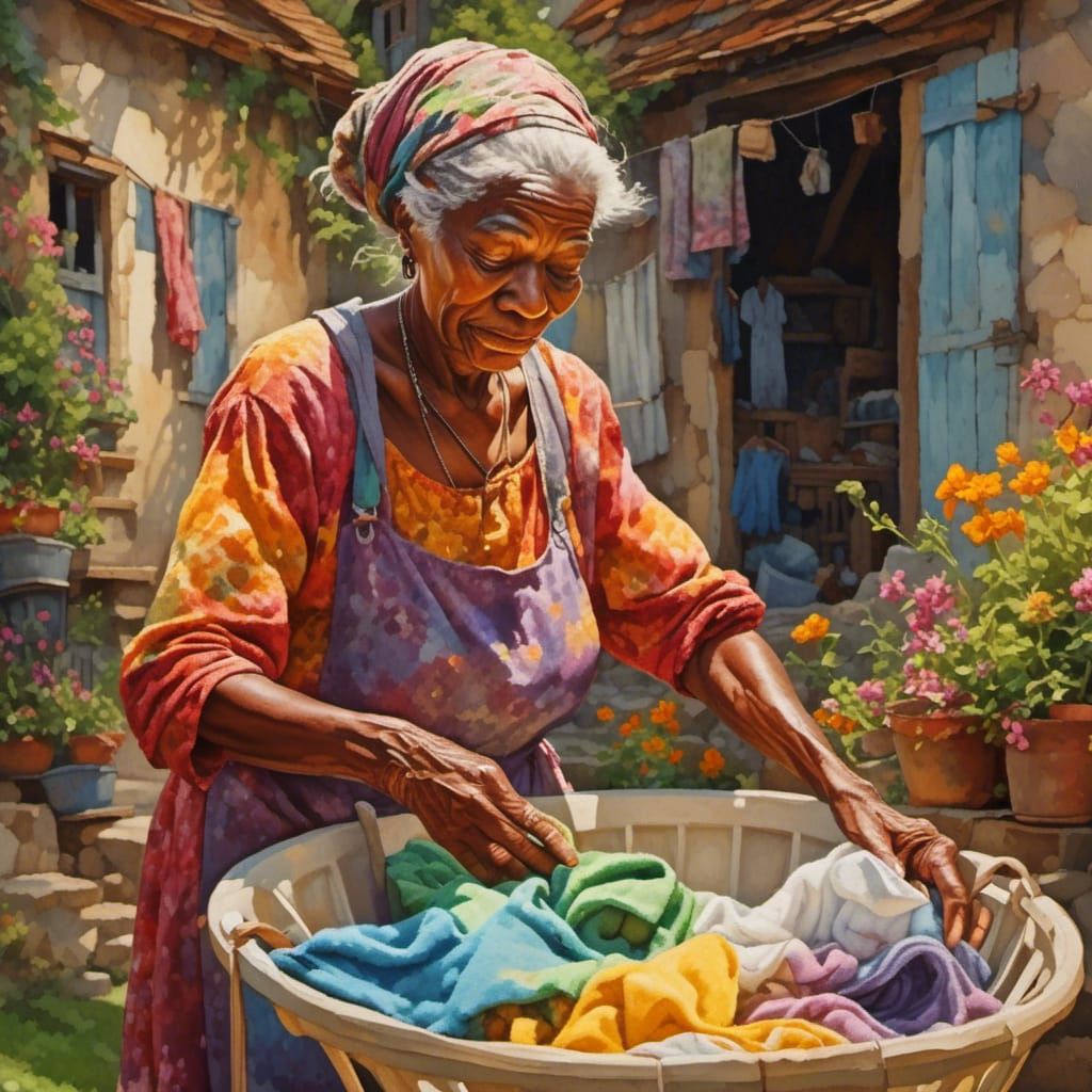 Renaissance Elderly Woman Doing Laundry in Summer