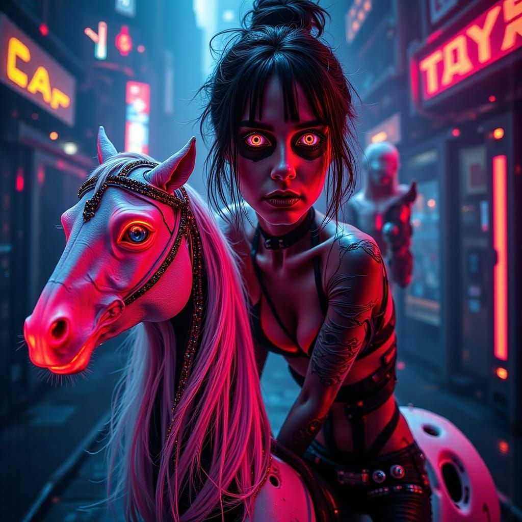 Cybernetic Stallion Pinup in Dark Glitch Style
