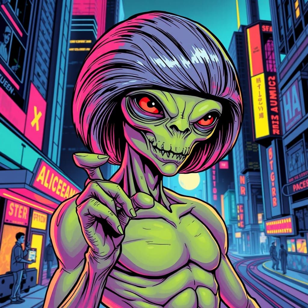 Alien in Wig Poses in Neon Cityscape