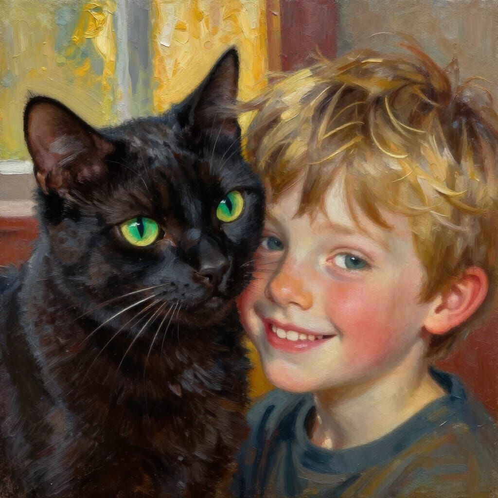 Black Cat Companionship: Oil Painting of Boy and Pet