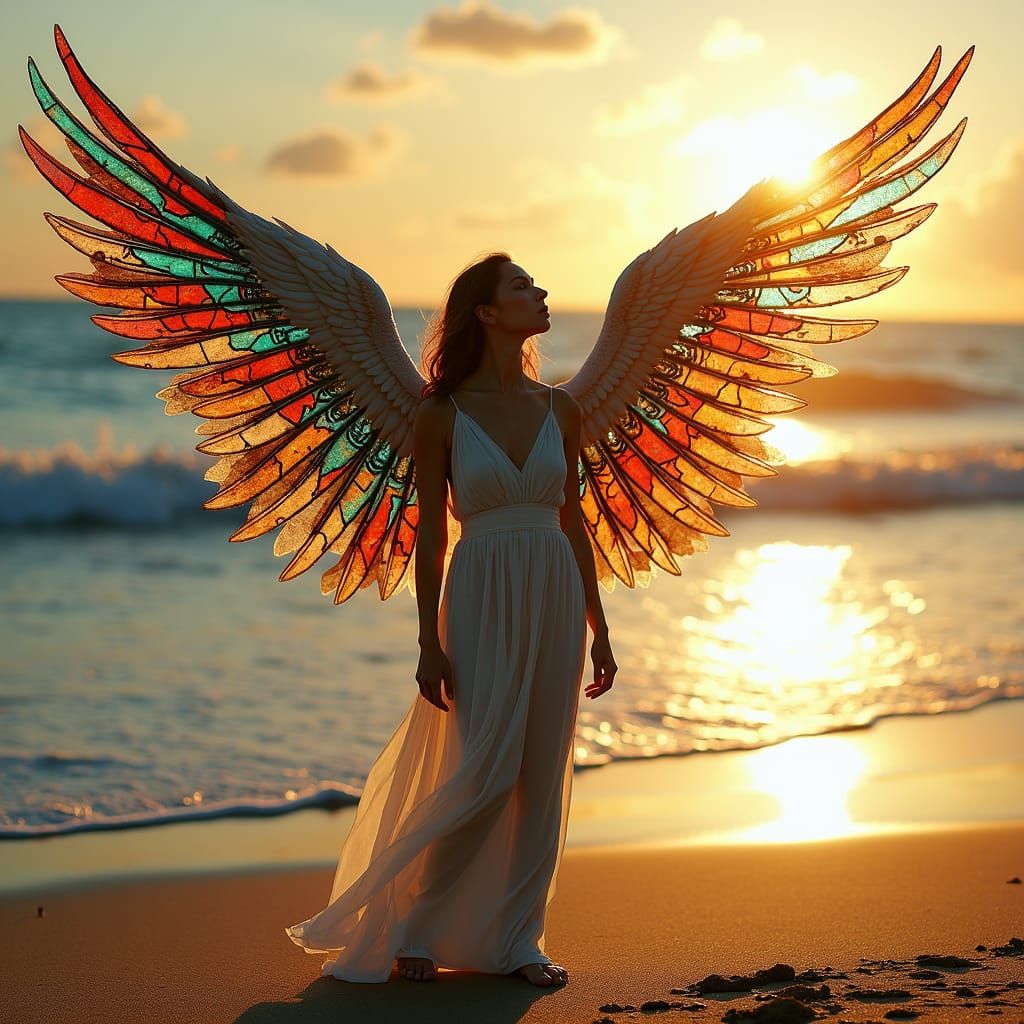 Archangel with Stained-Glass Wings at Sunrise