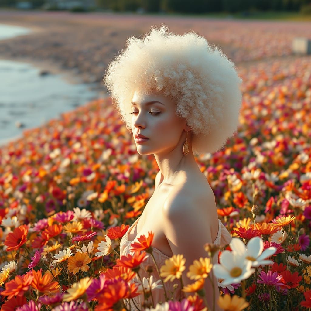 Serene Albino Goddess Amidst Vibrant Floral Blooms