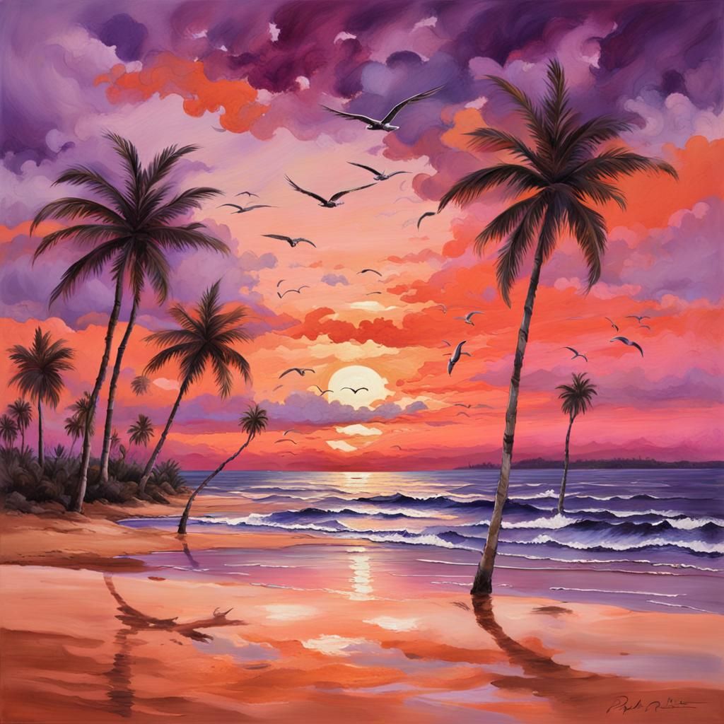 Tranquil Sunset Beach: Fantasy Concept Art