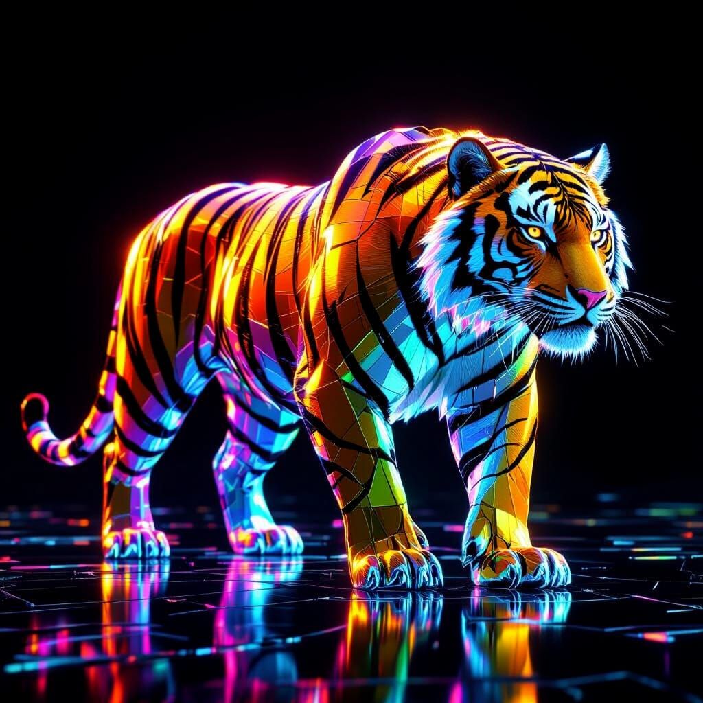 Prisma Tiger: Shattering Rainbow Glass in Neon Light