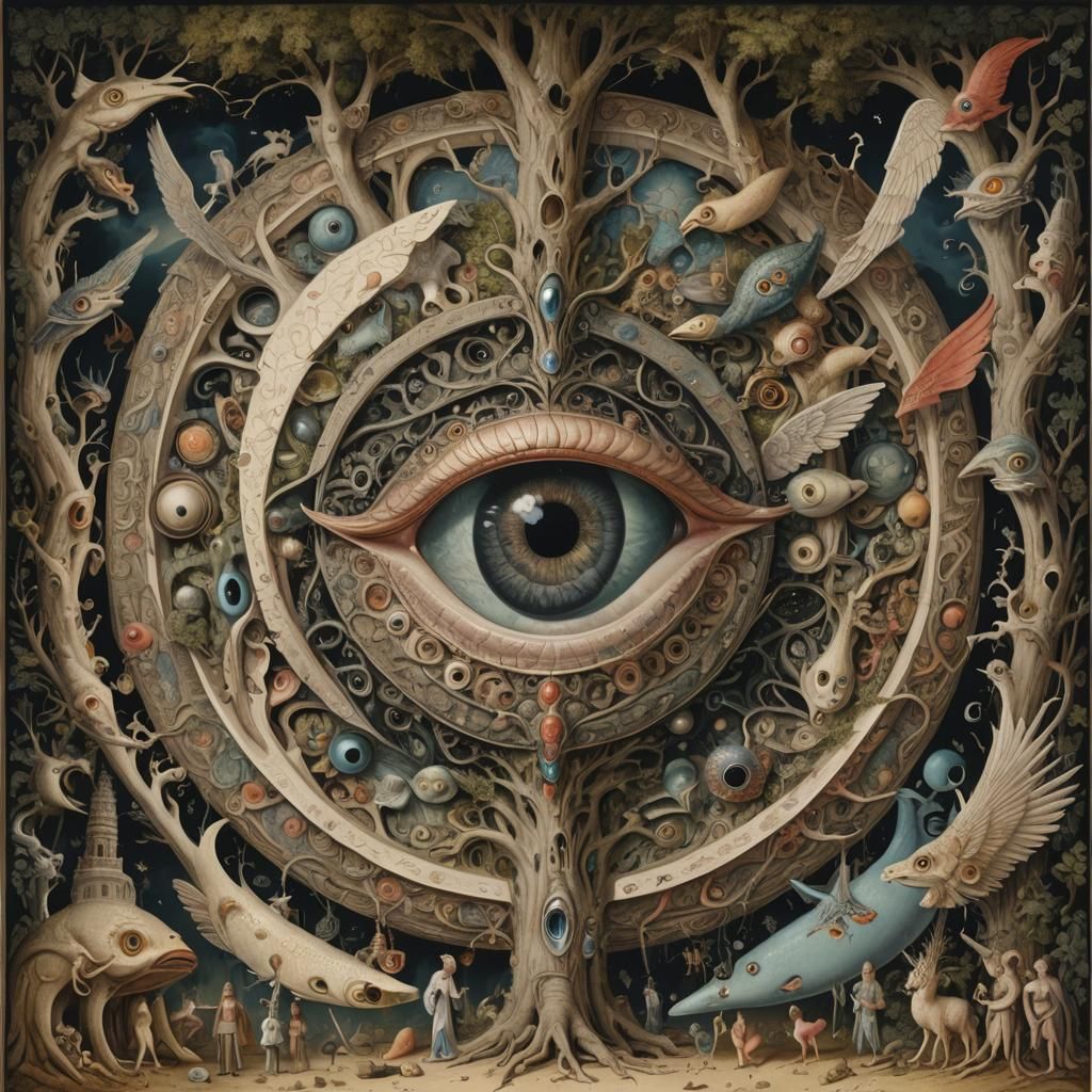 A surrealistic scene where a large, ornate eye is at the cen...