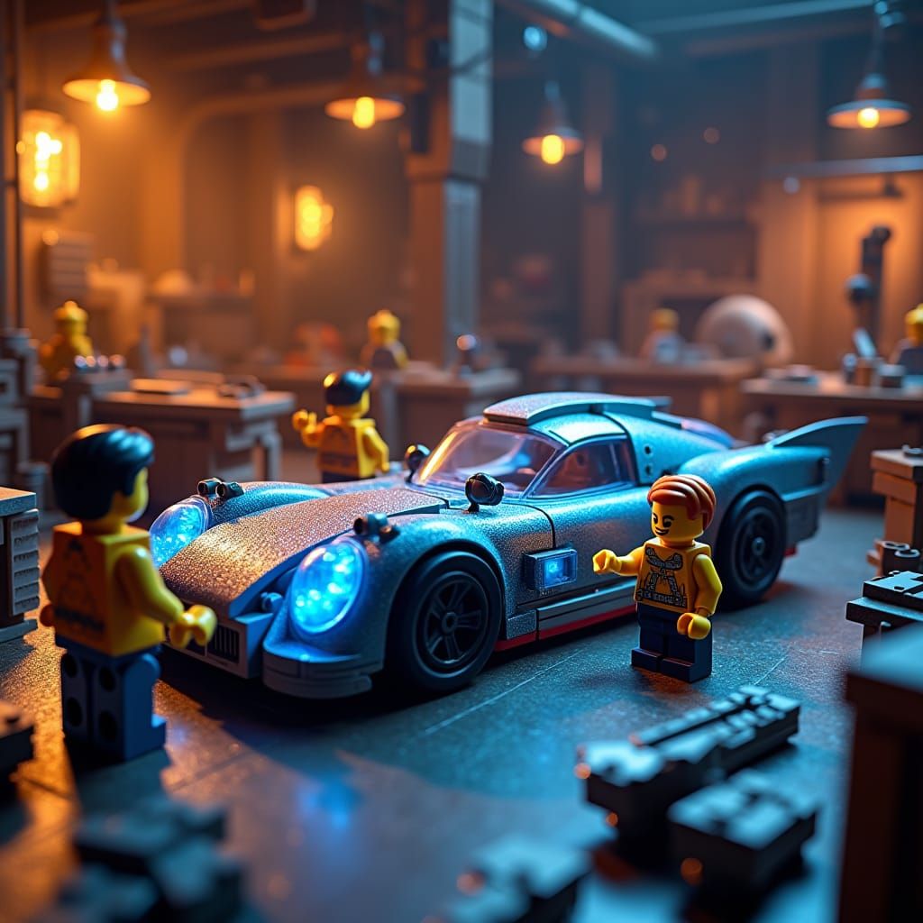 Lego Minifigures Build Futuristic Car in Fantasy Workshop