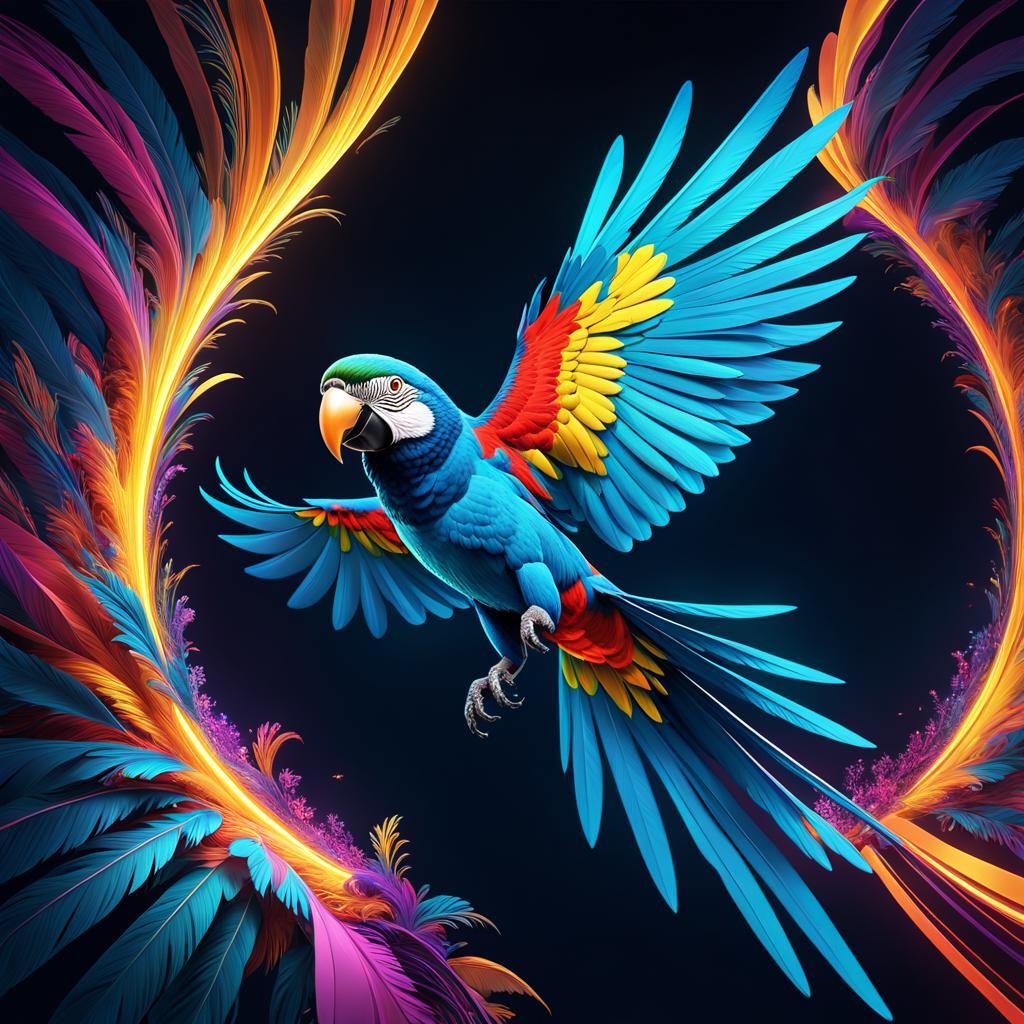 Neon Dreamscape: Parrot in Flight, a Digital Rendering