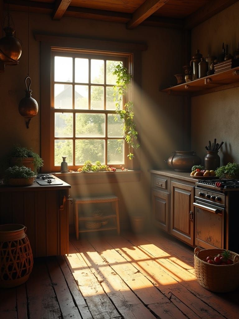 Cozy 1865 Pioneer Kitchen in Warm Golden Light