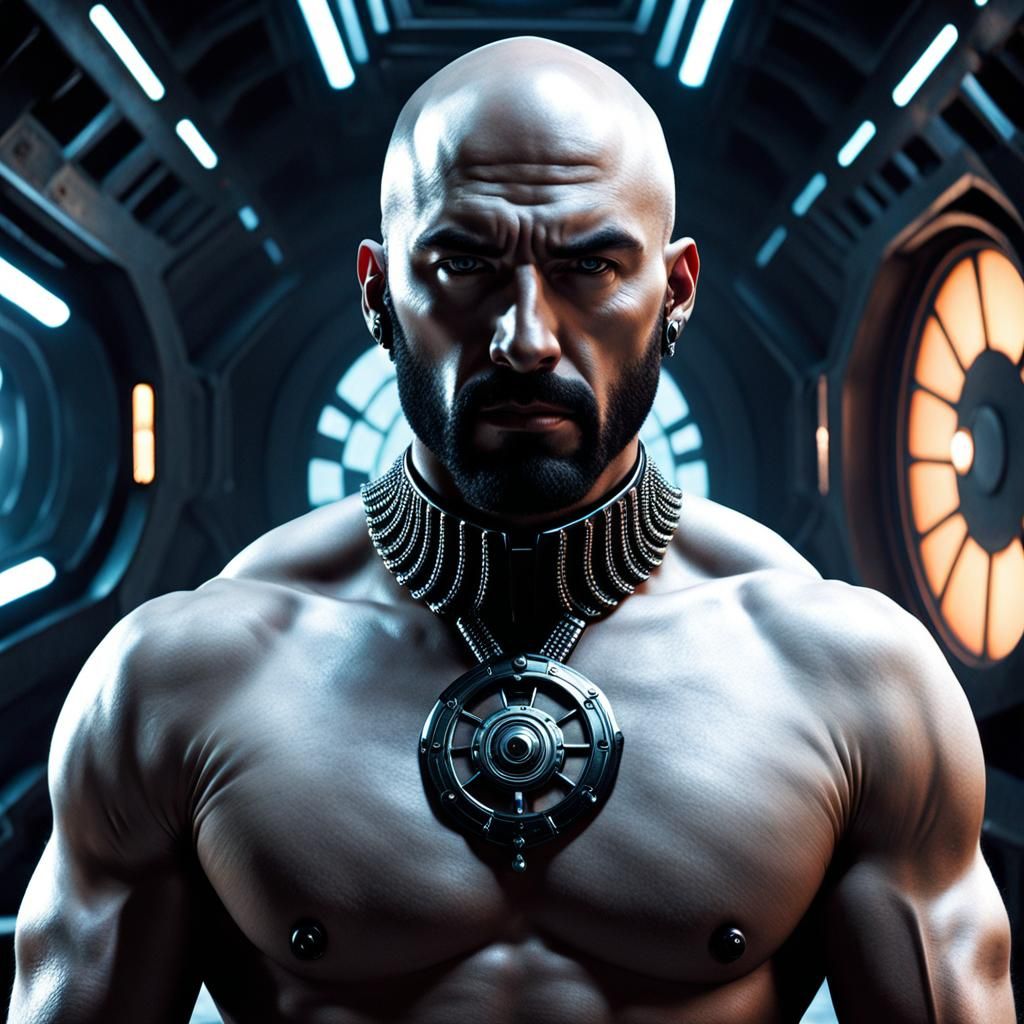 male hairy chest, brutal gaze, mystery, sci-fi, futuristic, surreal, bald, piercings