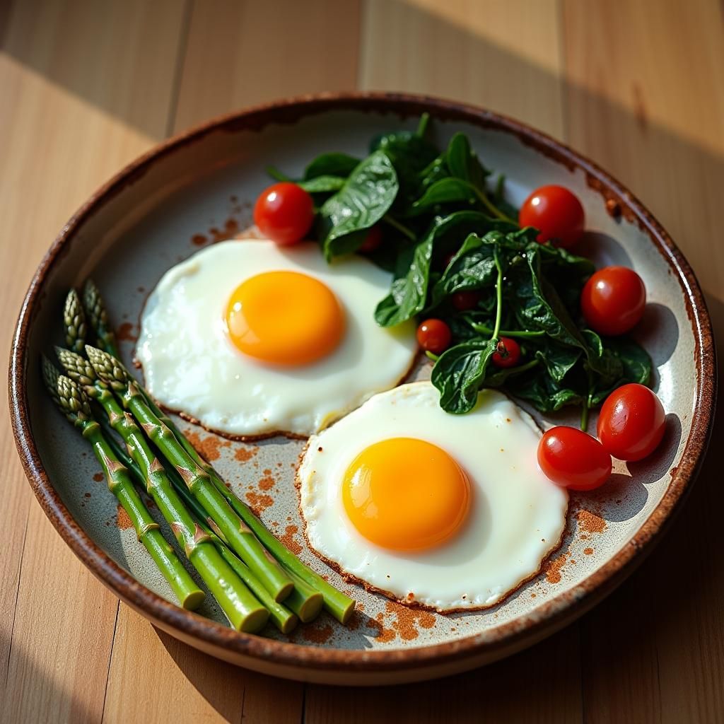 Fried Eggs and Vegetables in Rustic Realism Style