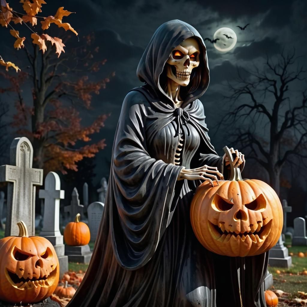 Pumpkin Reaper in Autumn Cemetery