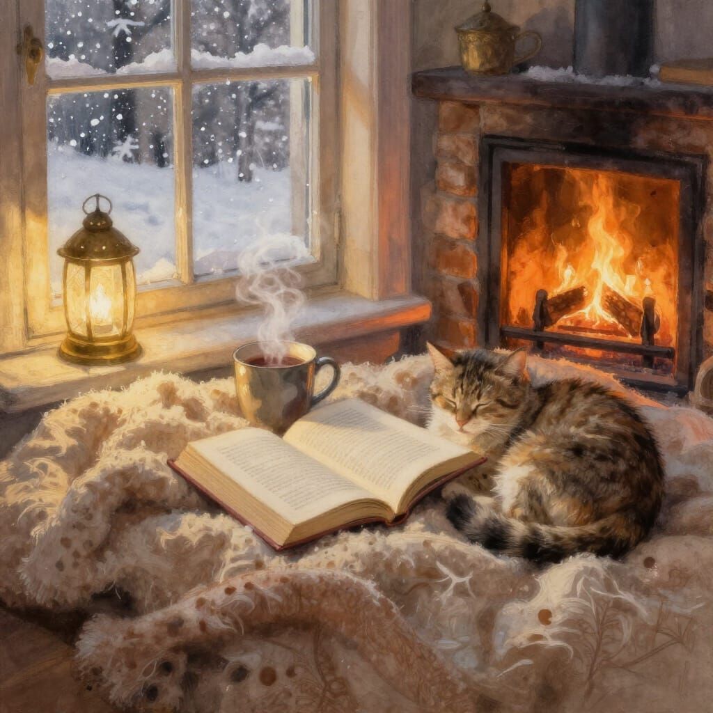 Cozy Reading Nook with Cat and Snowfall in Acrylic Art Style