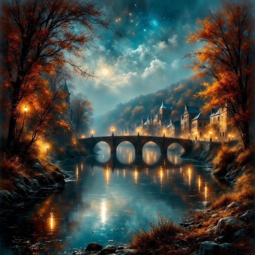 Autumn Riverside Landscape with Medieval Town