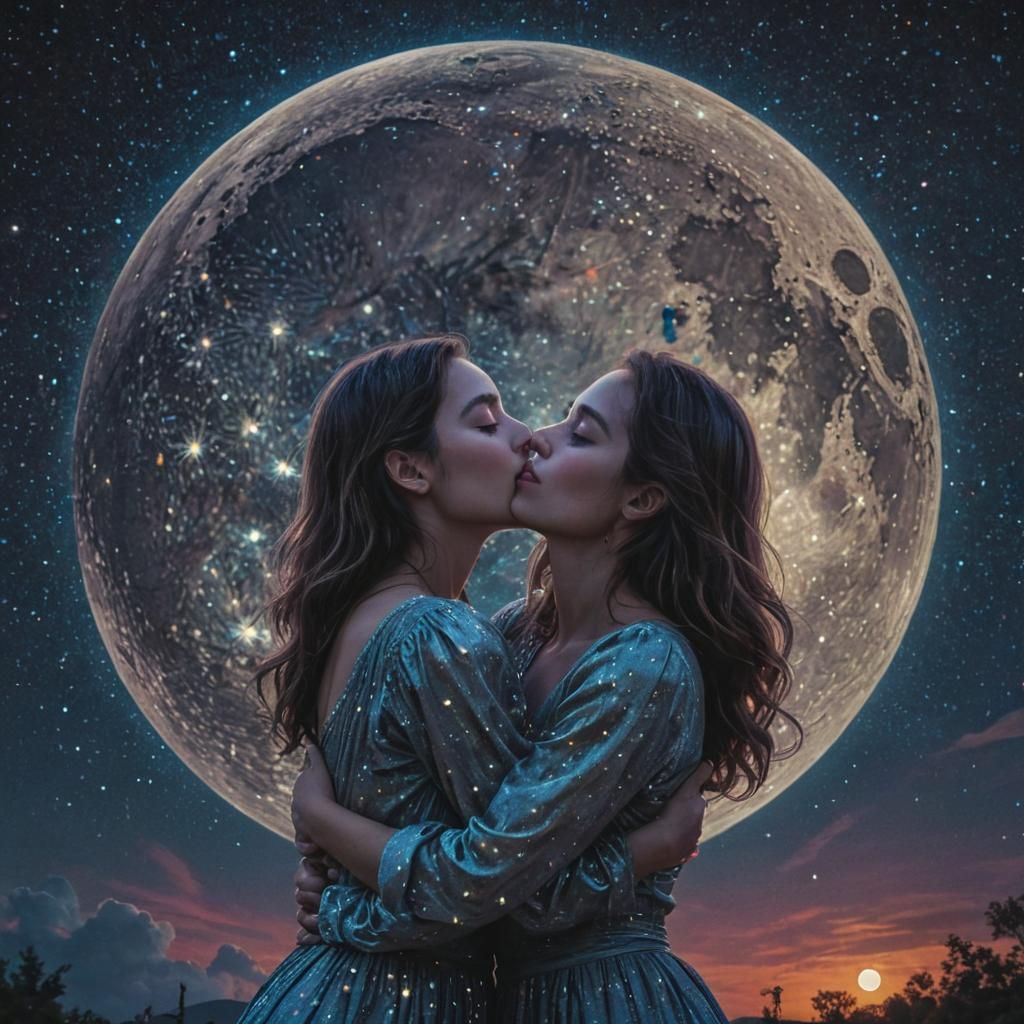 Women Kissing Under Starry Sky in Magical Realism