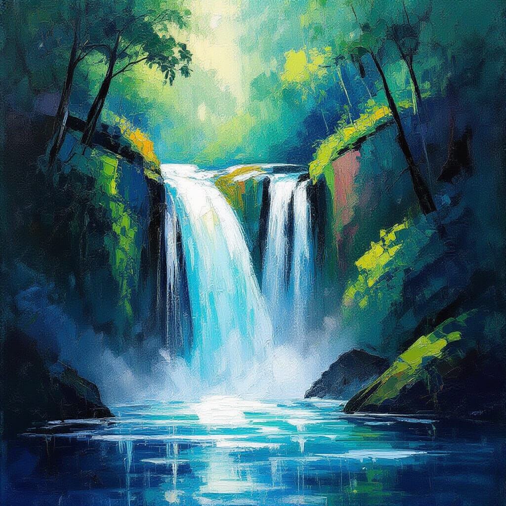 Abstract Waterfall Painting with Dynamic Strokes
