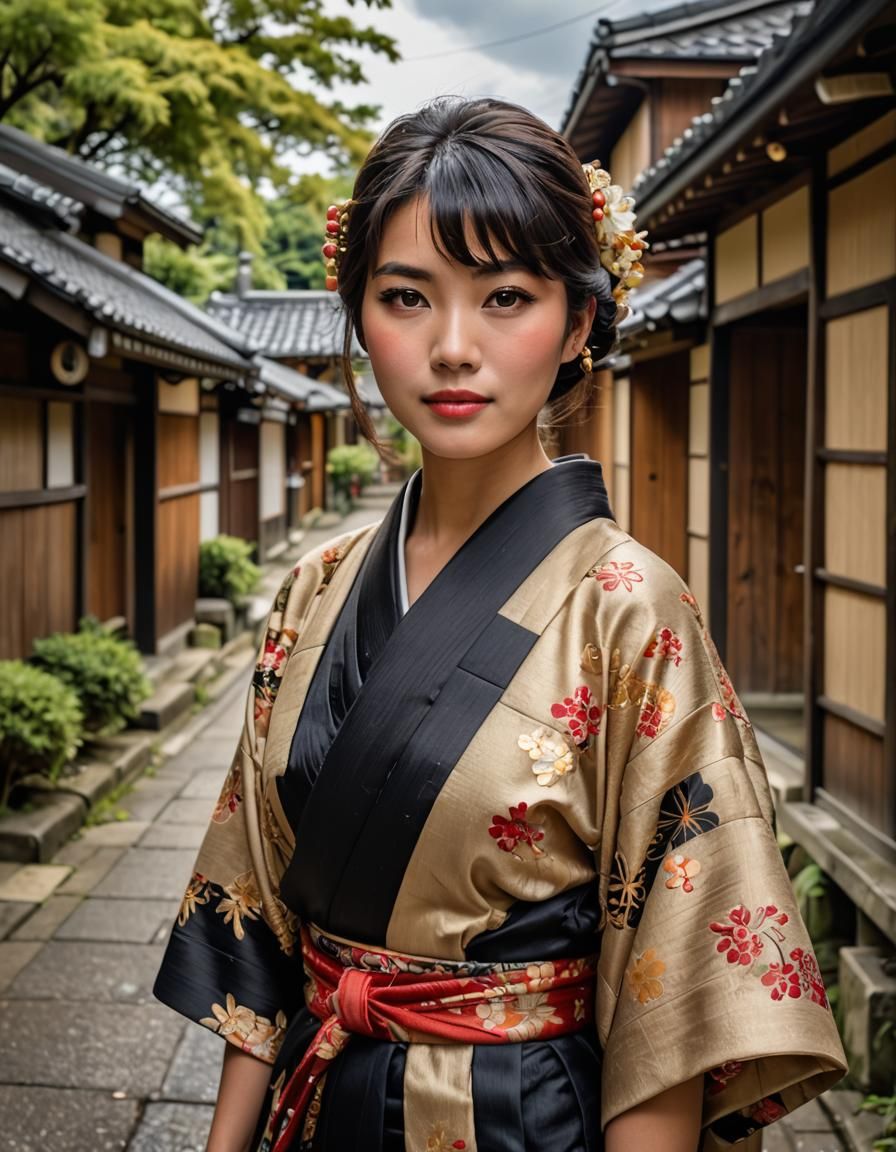 Indonesian Woman in Kimono Walking Through Japanese Village