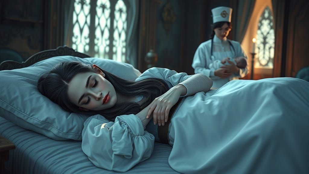 Medieval Queen in Slumber, Surrounded by Fantastical Whimsy