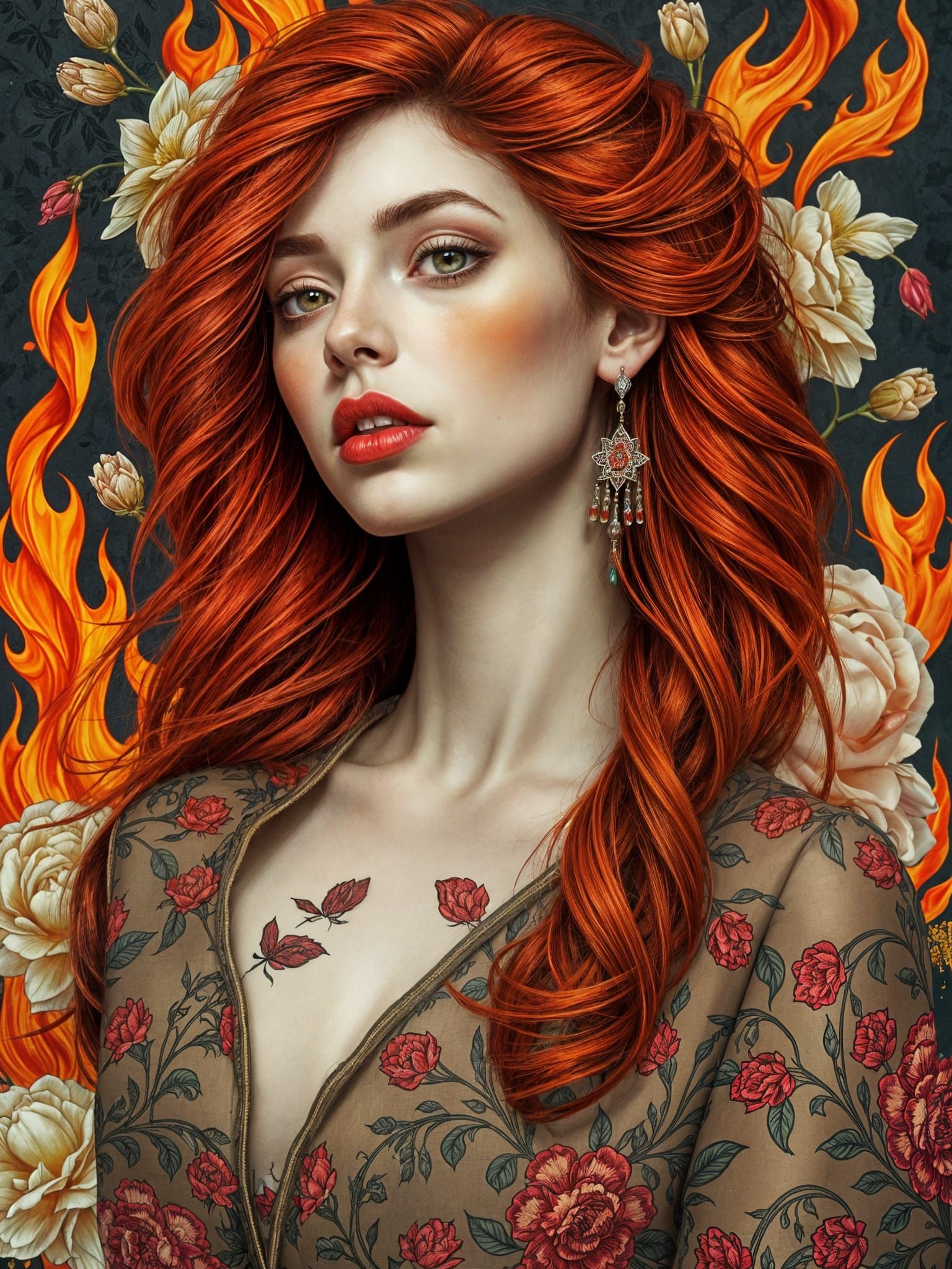 Fiery Haired Woman Portrait in Digital Art Style