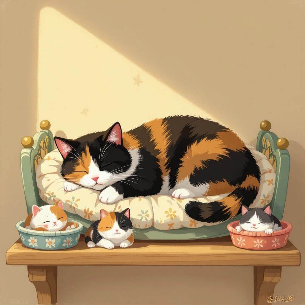 Tortoiseshell Cat Sleeping in Ornate Bed