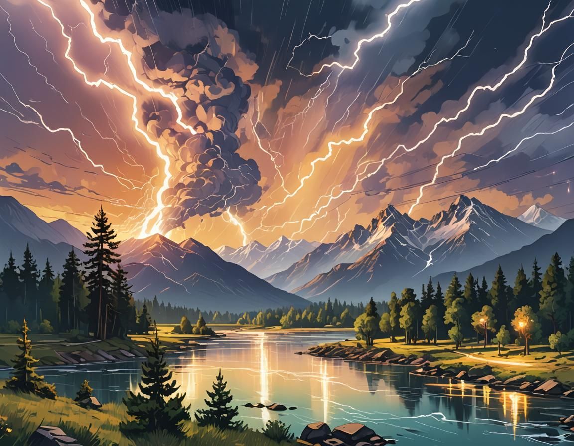 Electric Mountain Sunset in 2D Illustration Style