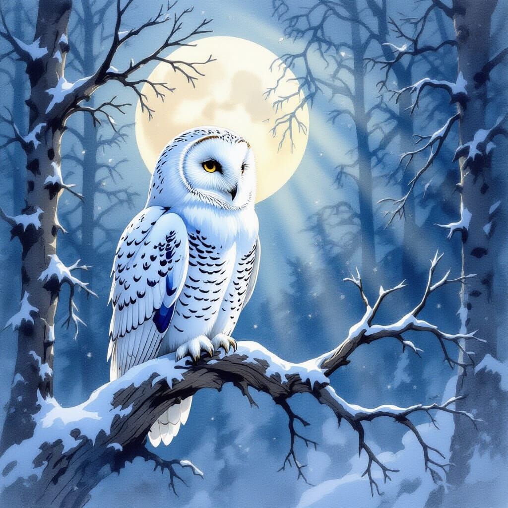 Serene Snowy Owl in Moonlit Forest Watercolor