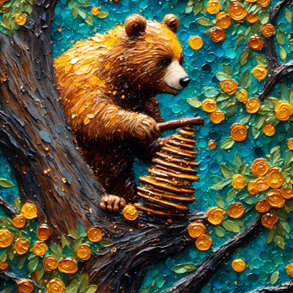 Honey Bear and Beehive: Neo-Impressionist Oil Painting