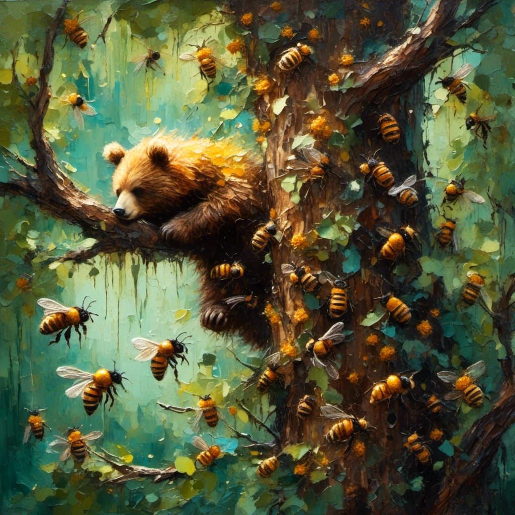 Honey Bear Feast: Impasto Oil Painting in Neo-Expressionist ...