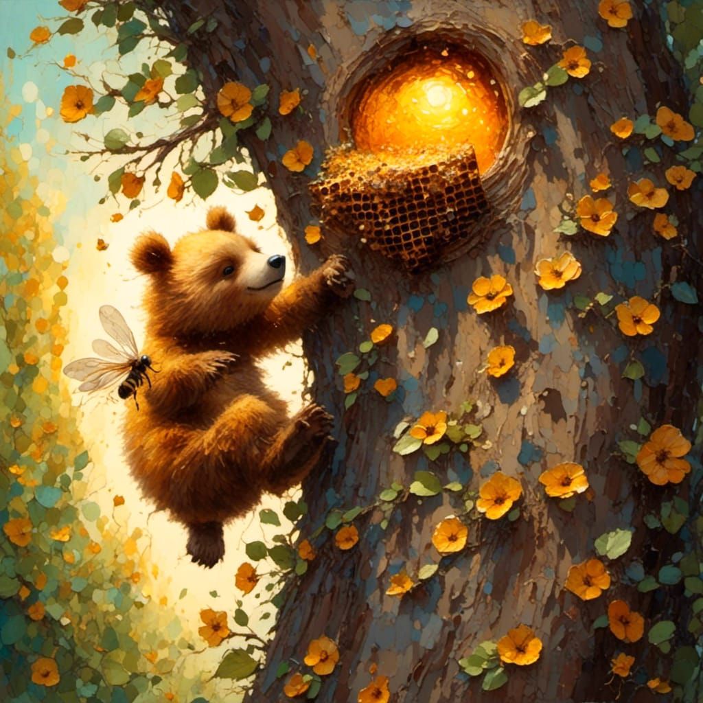Honey Bear Reaching into Beehive as Impasto Painting