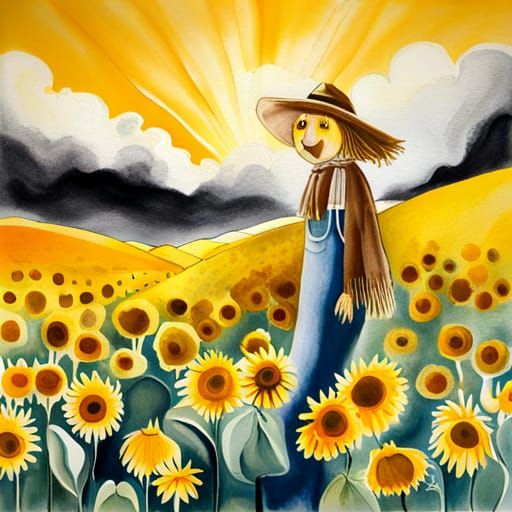 Scarecrow in Sunflower Field: Surreal Ink Wash Painting