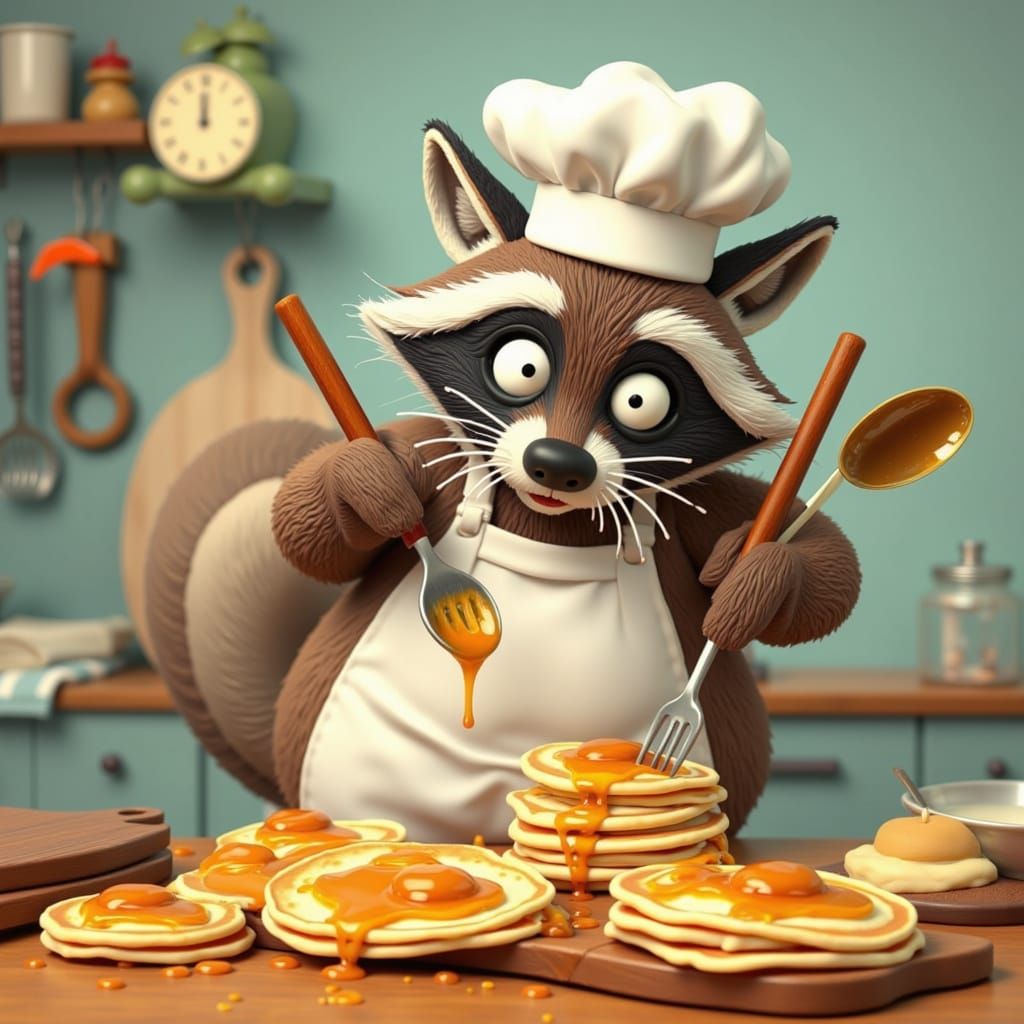 Smiling Raccoon Chef Flipping Pancakes, Claymation Style